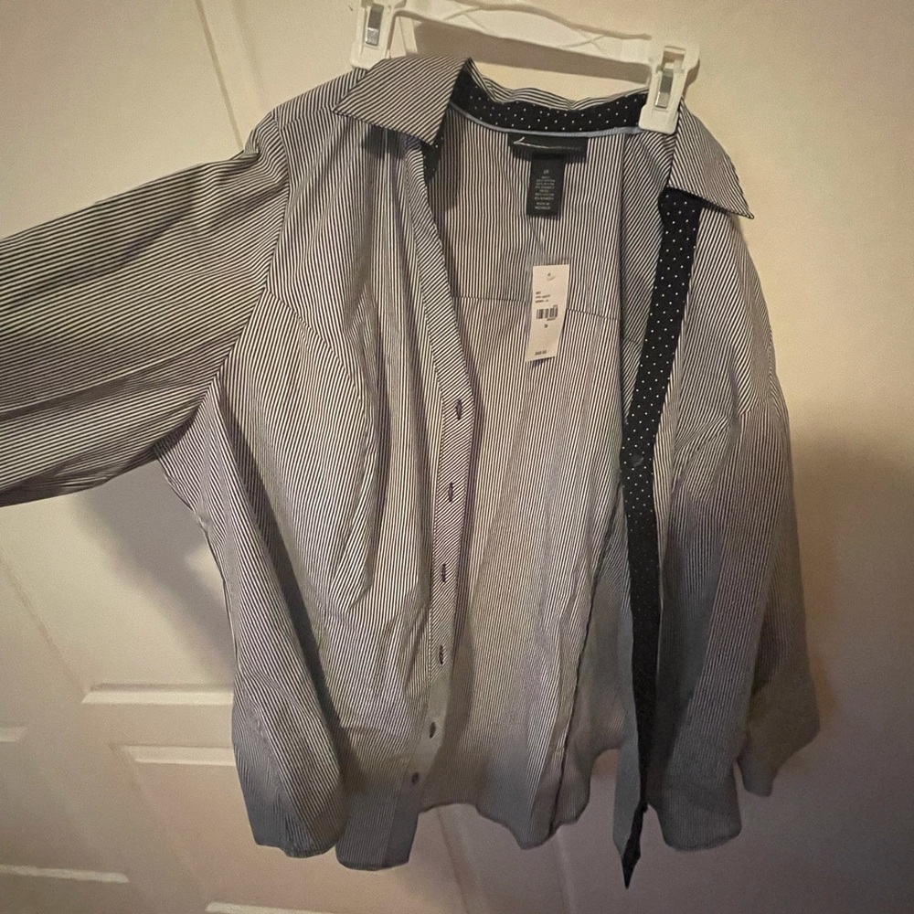 women’s black and white vertical lined button up dress shirt with tags